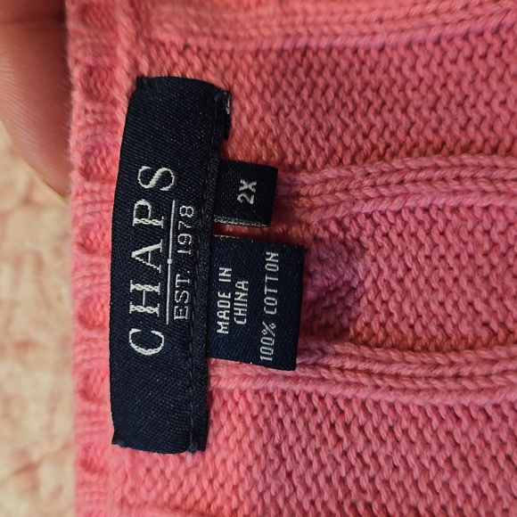 Chaps Ralph Lauren Pink V-Neck Cable Knit 100% Cotton Sweater - Picture 3 of 5